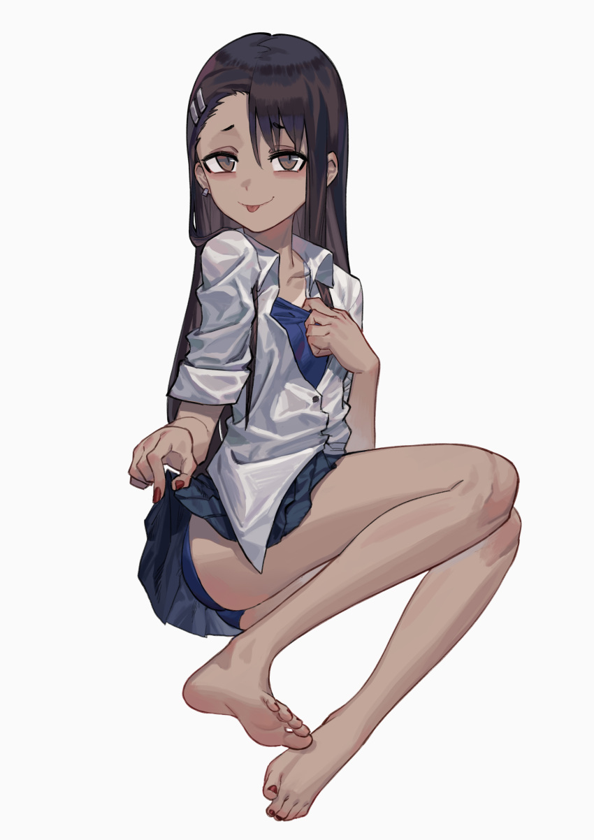 1girl :p absurdres bangs bare_legs barefoot black_hair breasts brown_eyes chinese_commentary chunk-san collarbone commentary_request ear_clip eyebrows_visible_through_hair feet hair_between_eyes hair_ornament hairclip highres ijiranaide_nagatoro-san long_hair looking_at_viewer nagatoro_hayase nail_polish one-piece_tan red_nails school_uniform shirt simple_background sitting skirt skirt_lift small_breasts smile soles solo swimsuit swimsuit_pull swimsuit_under_clothes tan tanline tanline_peek toenail_polish toenails toes tongue tongue_out white_shirt