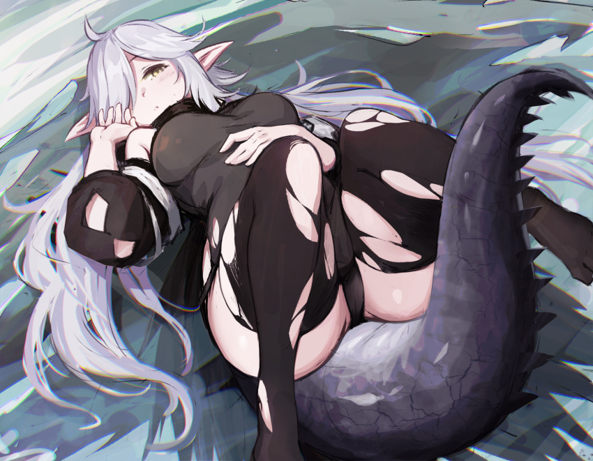 ahoge arknights black_legwear black_leotard blush breasts closed_mouth commentary_request crocodilian_tail detached_sleeves hair_over_one_eye hand_on_own_stomach highres large_tail legs_up leotard long_sleeves looking_at_viewer lying medium_breasts no_shoes on_back pointy_ears silver_hair tail thick_thighs thigh-highs thighs tomimi_(arknights) torn_clothes torn_legwear xian_yu_mo_ren yellow_eyes