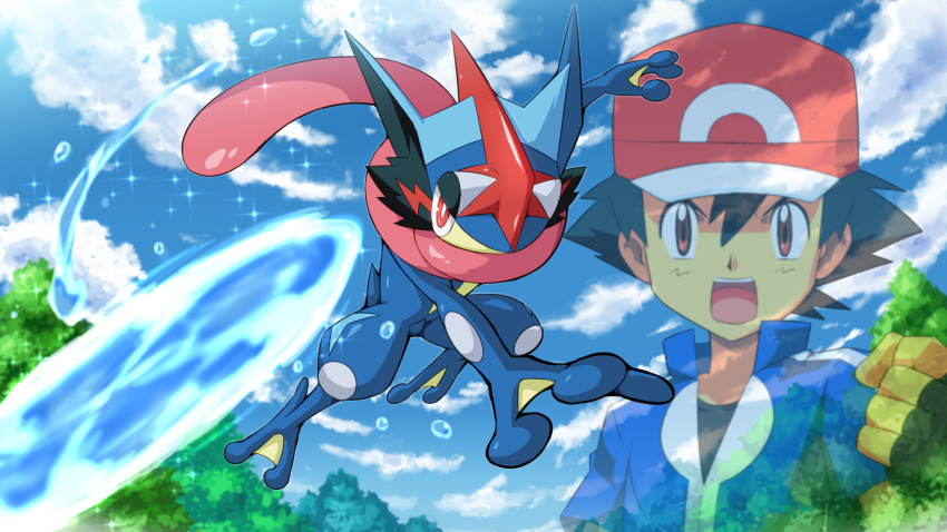 1boy ash-greninja ash_ketchum bangs baseball_cap black_gloves black_hair blue_jacket brown_eyes clenched_hand clouds commentary_request day fingerless_gloves foliage full_body gen_6_pokemon gloves greninja hair_between_eyes hat highres incoming_attack jacket open_mouth outdoors pokemoa pokemon pokemon_(anime) pokemon_(creature) pokemon_xy_(anime) popped_collar sky sparkle teeth tongue upper_teeth water