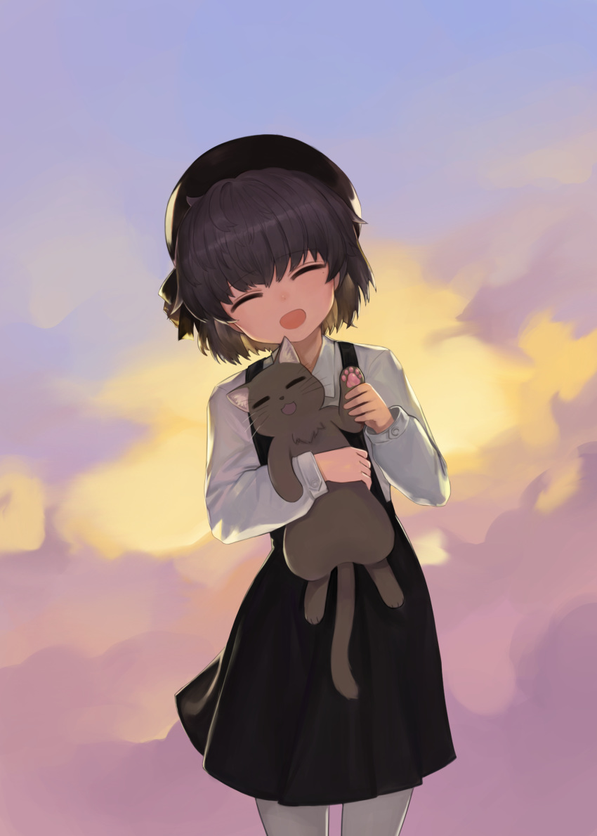 1girl :d ^_^ animal bangs beret black_headwear black_skirt blue_sky blush brown_hair cat closed_eyes clouds cloudy_sky collared_shirt dokomon eyebrows_visible_through_hair facing_viewer hand_up hat hatoba_tsugu head_tilt highres holding holding_animal long_sleeves open_mouth outdoors pantyhose pleated_skirt shirt skirt sky smile solo sunset suspender_skirt suspenders tsugu_(vtuber) virtual_youtuber white_legwear white_shirt