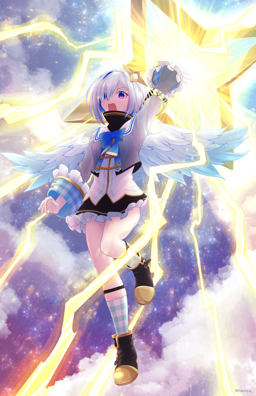 1girl absurdres amane_kanata angel_wings arm_up armband blue_ribbon clouds full_body highres hololive huge_filesize laser leg_up open_mouth ribbon school_uniform short_hair silver_hair solo tian_nya twitter_username violet_eyes virtual_youtuber wings