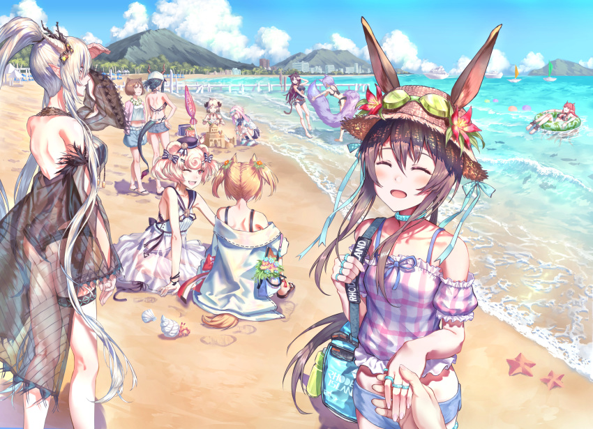 1boy 6+girls :d ^_^ amiya_(arknights) animal_ears ansel_(arknights) arknights backless_outfit backless_swimsuit bag bangs bare_arms bare_legs bare_shoulders beach beach_umbrella bear_ears black_swimsuit blonde_hair blue_hair blue_ribbon blue_shorts blue_sky blush boat bra_strap breasts brown_hair ch'en_(arknights) closed_eyes clouds commentary_request cowboy_shot crab day dragon_horns dragon_tail dress ears_through_headwear feet_out_of_frame flower from_behind goggles goggles_on_headwear gummy_(arknights) hair_between_eyes hand_on_hip hat hat_flower hermit_crab highres holding_hands holding_own_tail horns ifrit_(arknights) innertube jacket jewelry large_breasts large_tail long_hair long_ponytail mini_hat multiple_girls ocean off-shoulder_shirt off_shoulder one-piece_swimsuit open_mouth otoko_no_ko outdoors pink_hair pink_shirt pointy_ears ponytail pov provence_(arknights) puffy_short_sleeves puffy_sleeves purple_hair rabbit_ears red_flower redhead revision ribbon ring sand_castle sand_sculpture shining_(arknights) shirt short_shorts short_sleeves shorts silver_hair sitting sky skyfire_(arknights) sleeveless sleeveless_dress smile sora_(arknights) standing starfish sun_hat swimsuit tail thigh_strap thighs twintails umbrella very_long_hair vigna_(arknights) water watercraft white_dress white_jacket wolf_ears wolf_tail yuuki_higumo