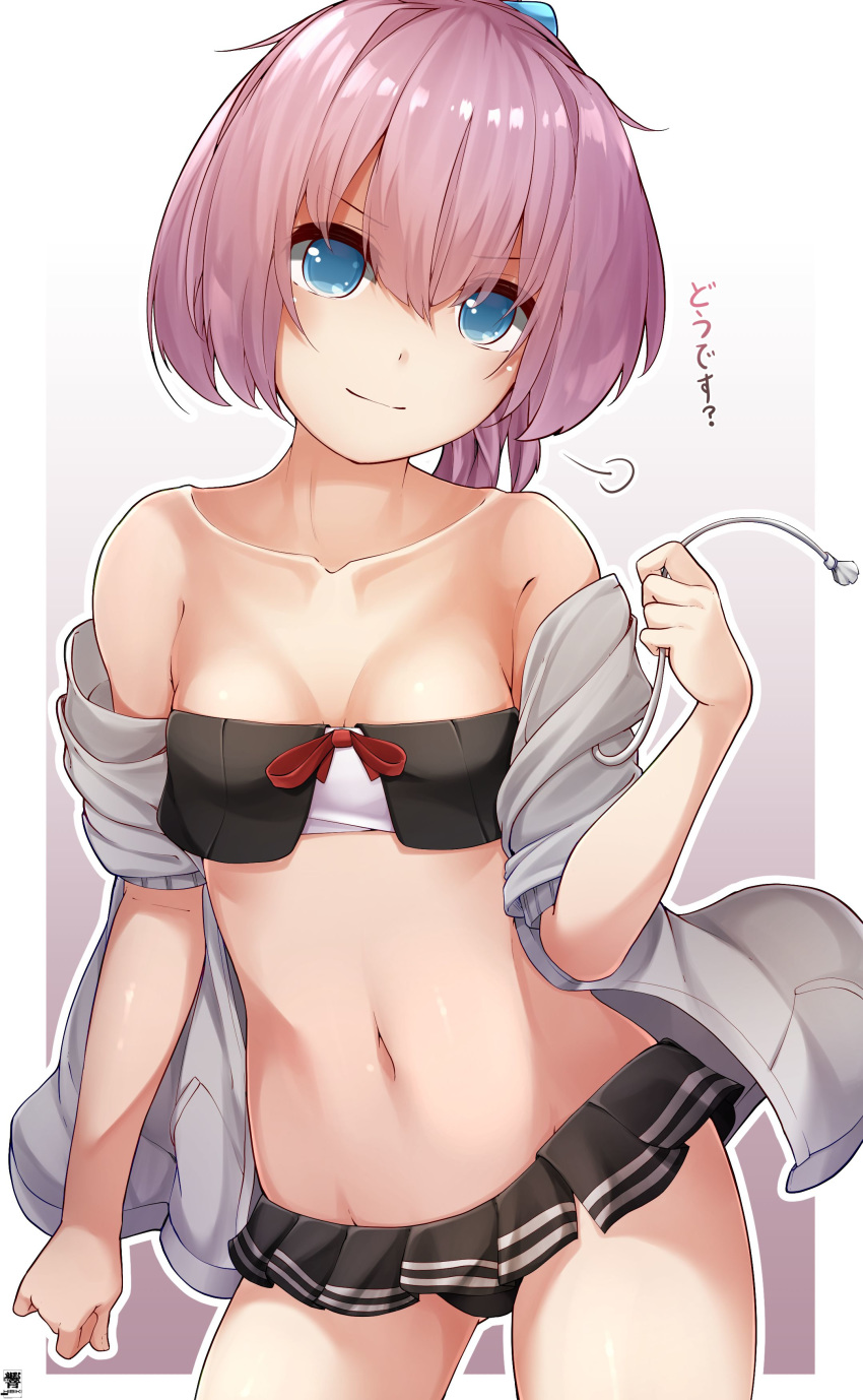 1girl absurdres bangs bikini bikini_skirt black_bikini black_skirt blue_eyes breasts closed_mouth collarbone commentary_request cowboy_shot grey_jacket groin head_tilt hibiki_zerocodo highres jacket kantai_collection looking_at_viewer navel off_shoulder open_clothes open_jacket outline pink_hair pleated_skirt ponytail revision shiranui_(kantai_collection) short_hair short_sleeves signature skirt small_breasts smile solo swimsuit white_outline