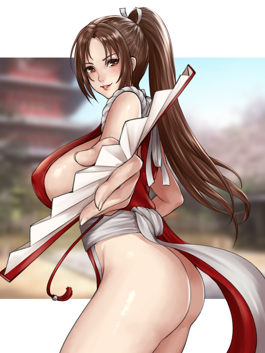 1girl ass bangs bare_shoulders blurry blurry_background blush breasts brown_eyes brown_hair fan fatal_fury fingernails from_side highres holding large_breasts lips long_hair looking_at_viewer ninja nyatokanyaru parted_bangs revealing_clothes rope shiny shiny_hair shiny_skin shiranui_mai sideboob sleeveless smile the_king_of_fighters thighs tied_hair