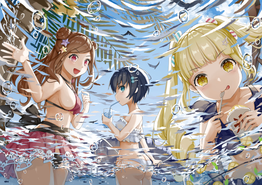 3girls absurdres arno_(ft3014) asobe_iroha ass bikini bikini_skirt bird black_hair blonde_hair breasts brown_hair highres huge_filesize lifebuoy looking_at_viewer magicami medium_breasts multiple_girls navel palm_tree plant shaved_ice short_hair side-tie_bikini spoon swimsuit tomonaga_kaori tongue tongue_out tree twintails water wet yuwase_cocoa