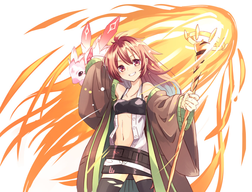 1girl bangs bare_shoulders belt bra_over_clothes breasts brown_robe collarbone creature duel_monster eyebrows_visible_through_hair fire hair_between_eyes highres hiita holding holding_staff jacket light_blush long_hair long_sleeves mikan_(13alice666) navel open_clothes open_jacket open_robe open_shirt red_eyes redhead robe simple_background skirt small_breasts smile staff teeth thigh-highs torn_clothes torn_legwear unbuttoned unbuttoned_shirt white_background wide_sleeves yuu-gi-ou