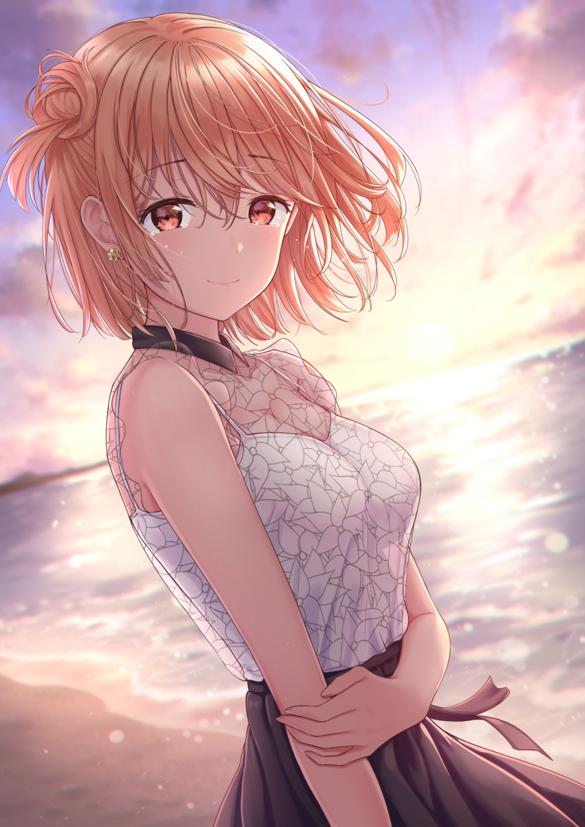 1girl backlighting bangs bare_arms bare_shoulders beach black_skirt blush breasts closed_mouth clouds collarbone commentary dress dutch_angle earrings eyebrows_visible_through_hair floral_print from_side hair_bun hand_on_own_arm highres horizon jewelry large_breasts looking_at_viewer looking_to_the_side marinesnow ocean outdoors shirt shirt_tucked_in short_hair side_bun skirt sky sleeveless sleeveless_shirt smile solo sunset tears upper_body water yahari_ore_no_seishun_lovecome_wa_machigatteiru. yuigahama_yui