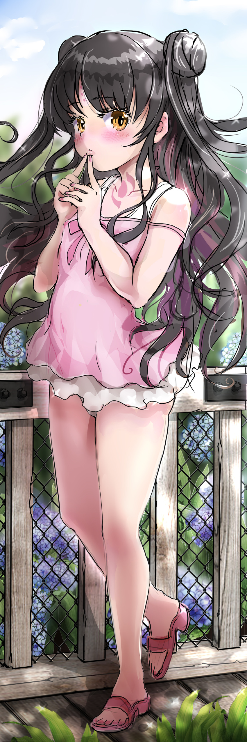 1girl absurdres bangs bare_shoulders black_hair blue_sky blush breasts chest_tattoo chunyan closed_mouth double_bun dress_swimsuit facial_mark fate/grand_order fate_(series) fence flower forehead_mark full_body highres legs long_hair looking_at_viewer multicolored_hair parted_bangs pink_hair pink_swimsuit sandals sesshouin_kiara sesshouin_kiara_(lily) sky small_breasts streaked_hair swimsuit tattoo wavy_hair yellow_eyes