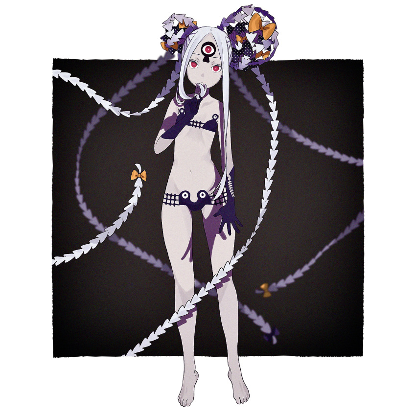 1girl abigail_williams_(fate/grand_order) abigail_williams_(swimsuit_foreigner)_(fate) bangs bare_shoulders barefoot bikini black_bikini black_bow bow breasts closed_mouth collarbone dou_(mame_eee) double_bun fate/grand_order fate_(series) forehead full_body highres keyhole legs long_hair multiple_bows navel orange_bow parted_bangs red_eyes sidelocks small_breasts swimsuit thighs third_eye very_long_hair white_hair white_skin