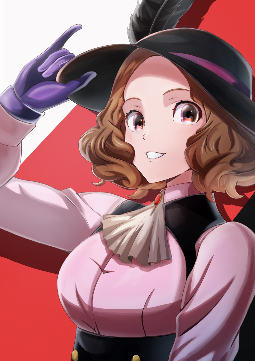 1girl absurdres ascot black_feathers black_headwear brown_eyes brown_hair dress_shirt gloves grin hat hat_feather highres long_sleeves looking_at_viewer okumura_haru persona persona_5 pink_shirt purple_gloves red_background shirt short_hair smile solo tirudo29 two-tone_background upper_body white_background white_neckwear