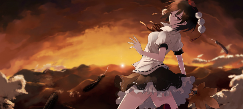 1girl black_hair black_ribbon black_skirt cheat-nu clouds collared_shirt dress feathers frilled_skirt frills from_behind grey_eyes hat looking_back pom_pom_(clothes) puffy_short_sleeves puffy_sleeves ribbon shameimaru_aya shirt short_hair short_sleeves skirt sky sun sunset tokin_hat touhou white_shirt
