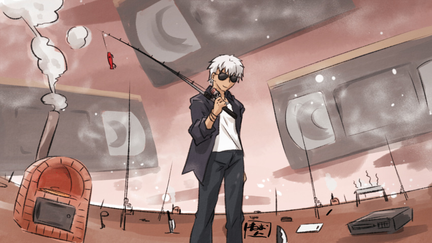 1boy archer bangs black_jacket black_pants commentary_request dark_skin dark_skinned_male facing_viewer fate/grand_order fate/stay_night fate_(series) fishing_line fishing_rod grey_hair highres holding holding_fishing_rod horizon jacket long_sleeves male_focus neon-tetora open_clothes open_jacket pants shirt smoke solo standing summer_casual_(fate/grand_order) sunglasses videocassette white_shirt
