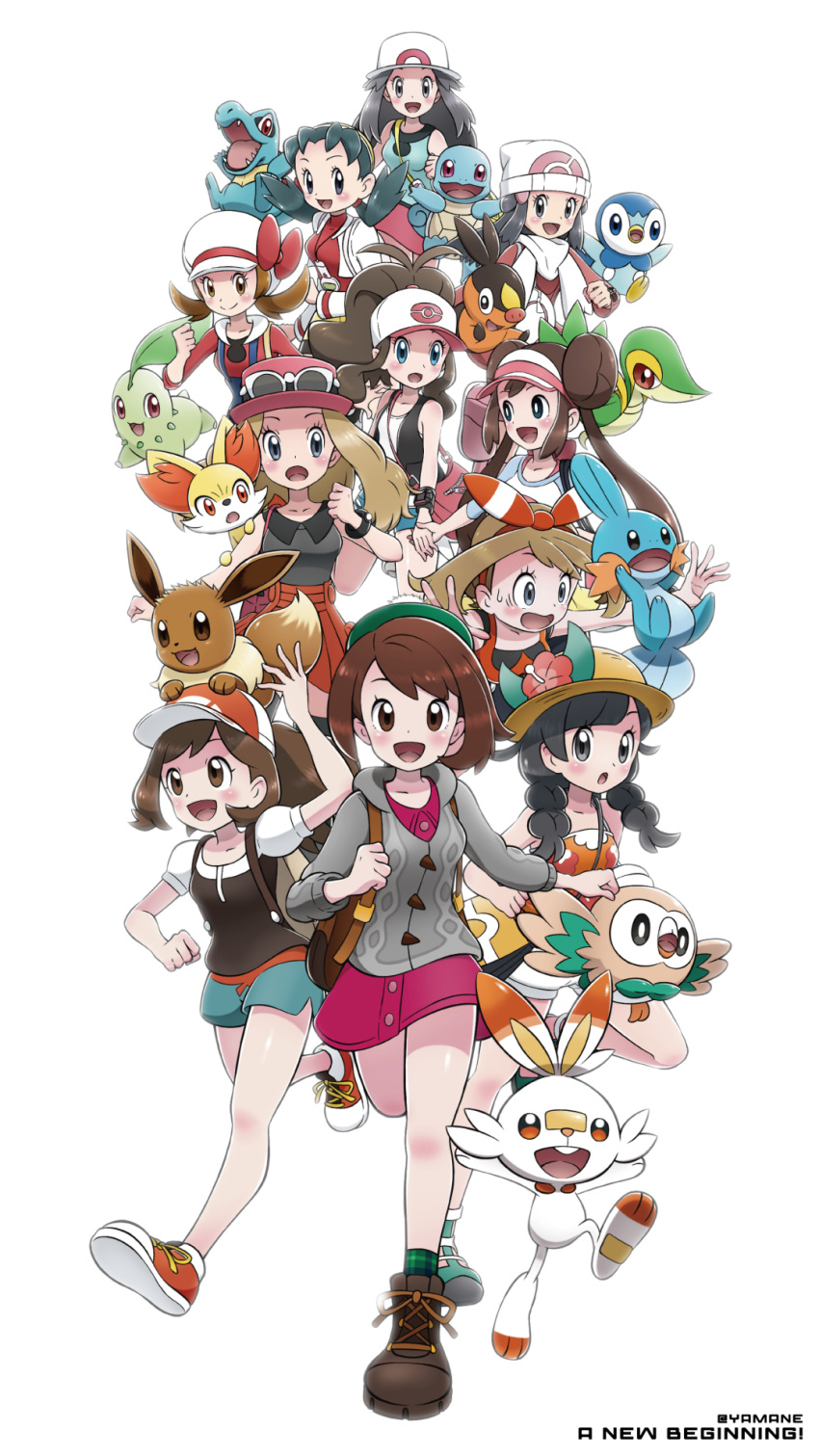 6+girls :d artist_name bangs baseball_cap beanie black_hair black_vest blush bow_hairband braid brown_footwear brown_hair cardigan chikorita commentary_request hikari_(pokemon) dress eevee elaine_(pokemon) eyelashes eyewear_on_headwear fennekin gen_1_pokemon gen_2_pokemon gen_3_pokemon gen_4_pokemon gen_5_pokemon gen_6_pokemon gen_7_pokemon gen_8_pokemon gloria_(pokemon) green_hair green_headwear green_legwear green_shorts grey_cardigan grey_hair hairband hat highres hilda_(pokemon) kris_(pokemon) leaf_(pokemon) light_brown_hair lyra_(pokemon) may_(pokemon) mudkip multiple_girls on_head open_mouth overalls pink_dress piplup plaid plaid_legwear pleated_skirt pokemon pokemon_(creature) pokemon_(game) pokemon_bw pokemon_bw2 pokemon_dppt pokemon_frlg pokemon_gsc pokemon_hgss pokemon_lgpe pokemon_on_head pokemon_oras pokemon_platinum pokemon_swsh pokemon_usum pokemon_xy raglan_sleeves red_hairband red_skirt rosa_(pokemon) rowlet scarf scorbunny selene_(pokemon) serena_(pokemon) shirt shoes shorts skirt smile snivy socks squirtle sunglasses swept_bangs tam_o'_shanter tepig tongue totodile twin_braids vest visor_cap white_background white_headwear white_scarf yamane_(viq4201)