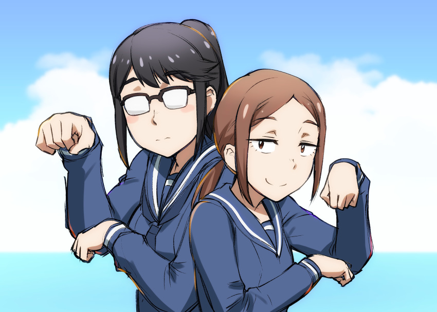 2girls black_hair blush_stickers brown_eyes brown_hair day glasses highres houkago_teibou_nisshi kuroiwa_yuuki multiple_girls oono_makoto opaque_glasses outdoors ponytail pose school_uniform serafuku sky smile twintails ueyama_michirou