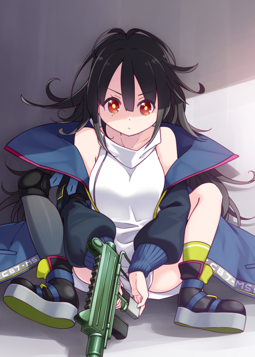 1girl asymmetrical_legwear bangs bare_shoulders black_footwear black_hair blue_jacket boots breasts c-ms_(girls_frontline) cbj-ms closed_mouth collarbone commentary_request dress eyebrows_visible_through_hair full_body girls_frontline green_legwear grey_legwear gun hair_between_eyes haradaiko_(arata_himeko) high_collar highres holding holding_gun holding_weapon jacket knee_pads knees_up long_hair looking_at_viewer object_namesake off_shoulder open_clothes open_jacket red_eyes shadow shoe_soles single_sock single_thighhigh sitting sleeveless sleeveless_dress small_breasts socks solo spread_legs thigh-highs v-shaped_eyebrows very_long_hair weapon white_dress