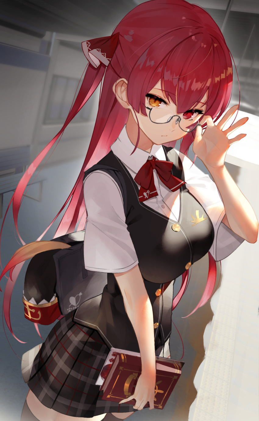 1girl absurdres adjusting_eyewear alternate_costume bag bangs black-framed_eyewear black_legwear blurry blurry_background book bow breasts closed_mouth commentary_request eyebrows_visible_through_hair glasses heterochromia highres holding hololive houshou_marine indoors long_hair looking_at_viewer medium_breasts red_bow red_eyes redhead school_bag school_uniform shiny shiny_clothes short_sleeves simple_background skirt solo sukocchi thigh-highs yellow_eyes zettai_ryouiki