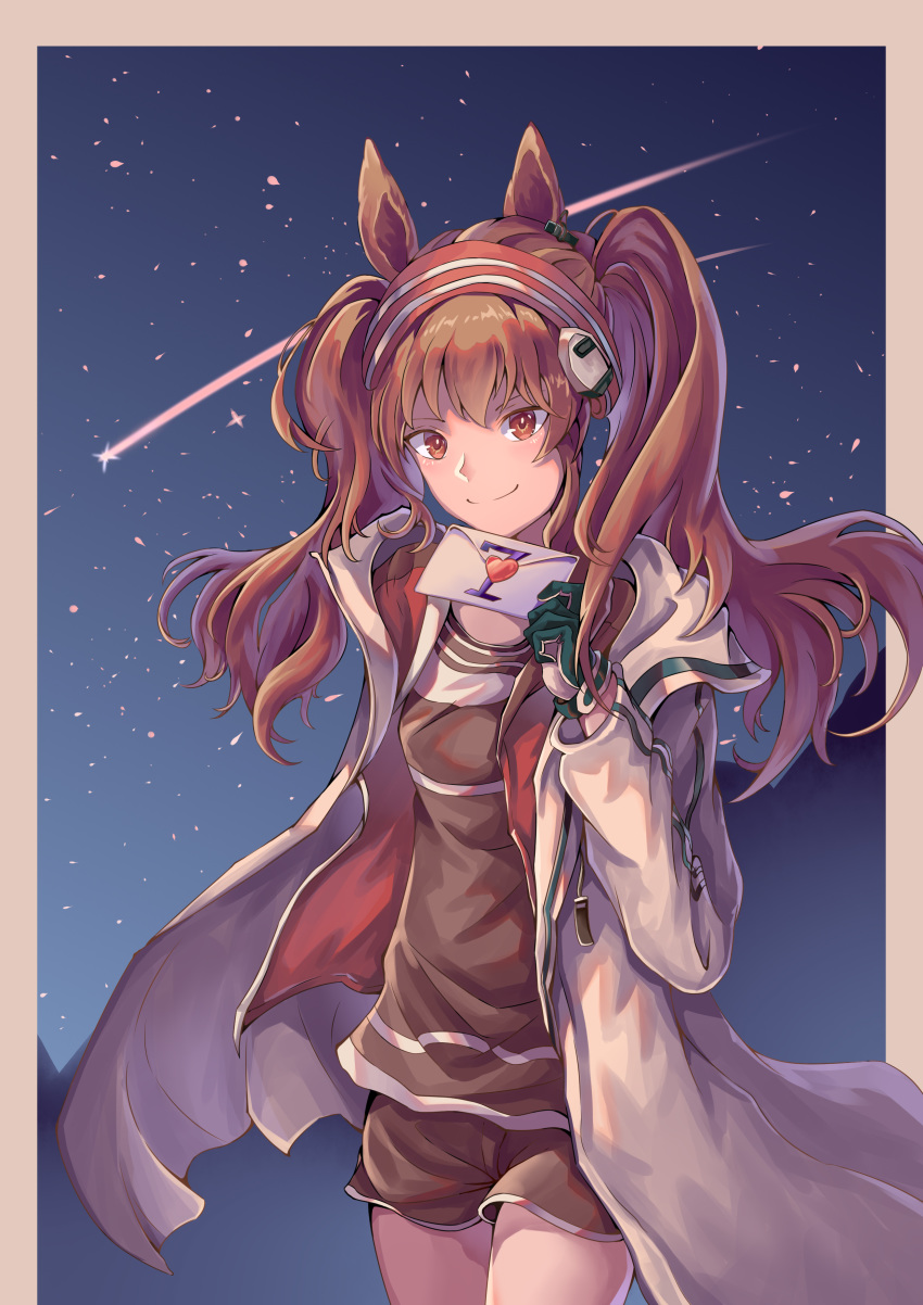 1girl absurdres angelina_(arknights) animal_ears arknights bangs black_shirt black_shorts border brown_eyes brown_hair coat commentary_request cowboy_shot fox_ears gloves grey_border grey_coat hairband hand_up highres holding holding_letter innovation letter long_hair long_sleeves looking_at_viewer night night_sky open_clothes open_coat outside_border red_hairband shirt shooting_star short_shorts shorts sky smile solo standing twintails