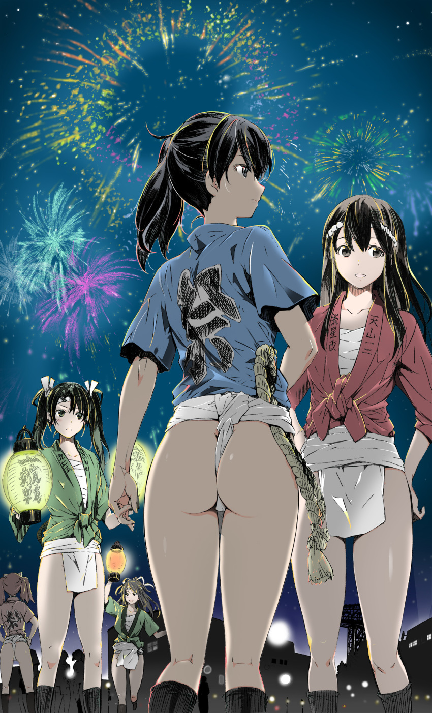 6+girls akagi_(kantai_collection) ass black_hair black_legwear commentary_request ecchuu_fundoshi feet_out_of_frame fireworks fundoshi hachimaki happi headband highres japanese_clothes kaga_(kantai_collection) kantai_collection katsuragi_(kantai_collection) kneehighs lantern long_hair multiple_girls nejiri_hachimaki night outdoors ponytail rope ryuujou_(kantai_collection) sarashi side_ponytail standing twintails yamakasa yoshinaga_yunosuke zuikaku_(kantai_collection)