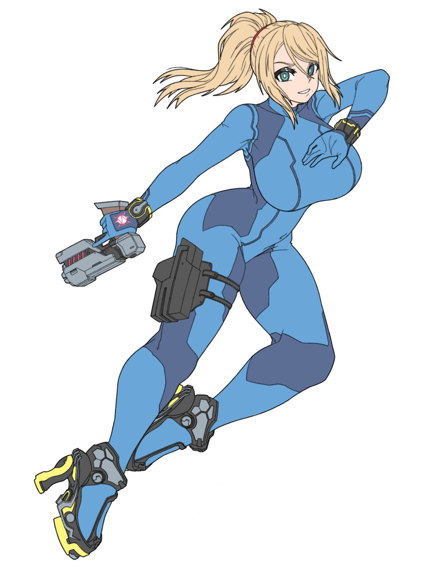1girl blonde_hair bodysuit breasts brups_tv english_commentary green_eyes gun high_heels highres holding holding_gun holding_weapon jumping large_breasts looking_at_viewer metroid ponytail samus_aran skin_tight solo thigh_strap tied_hair weapon white_background zero_suit