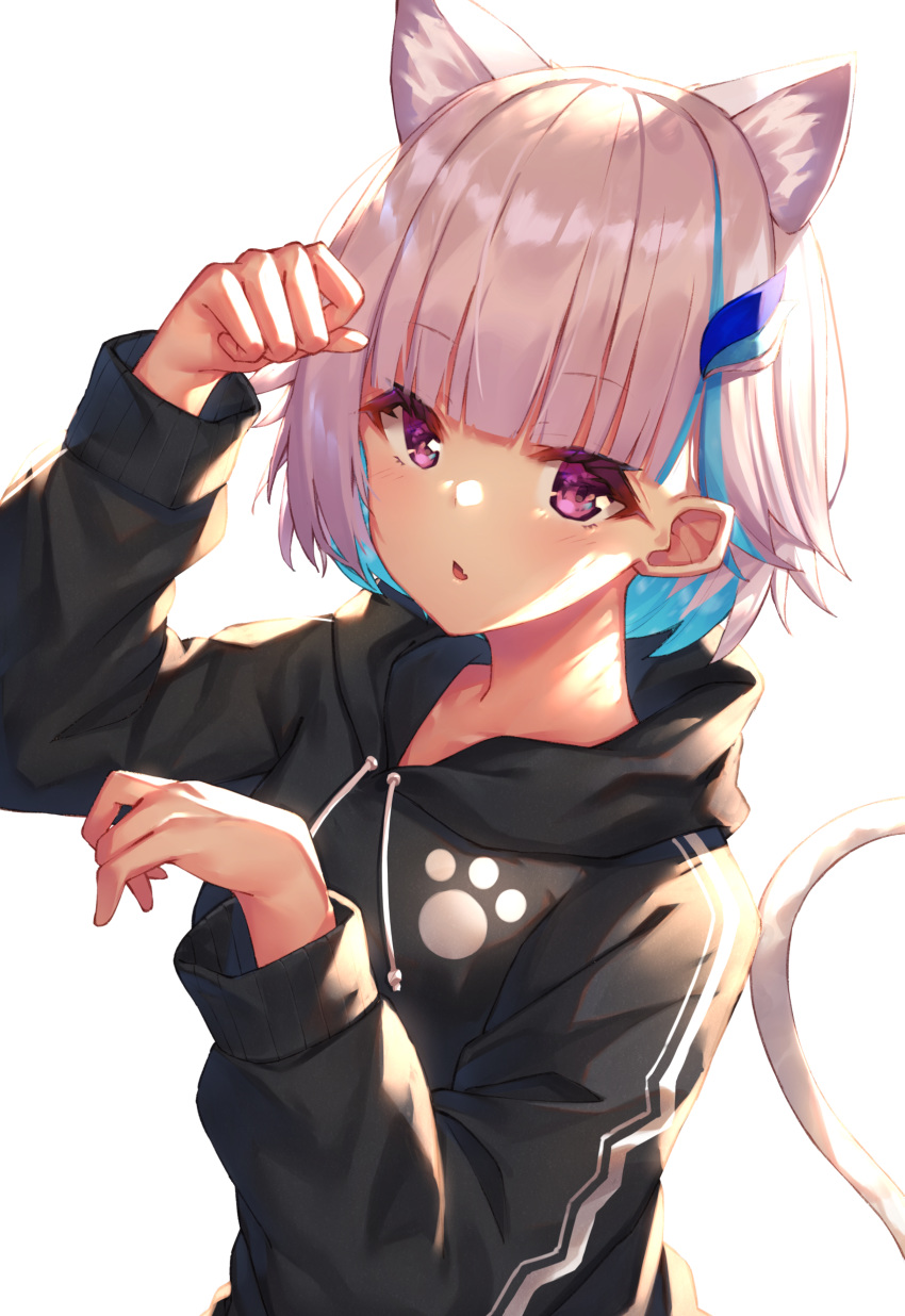 1girl absurdres animal_ears arm_up bangs black_hoodie blue_hair blush cat_ears cat_girl cat_tail commentary_request drawstring eyebrows_visible_through_hair fang hair_ornament hand_up highres hood hood_down hoodie kemonomimi_mode lize_helesta long_sleeves looking_at_viewer multicolored_hair nijisanji parted_lips paw_pose short_hair silver_hair simple_background solo tail two-tone_hair upper_body violet_eyes virtual_youtuber white_background yuuki_nao_(pixiv10696483)
