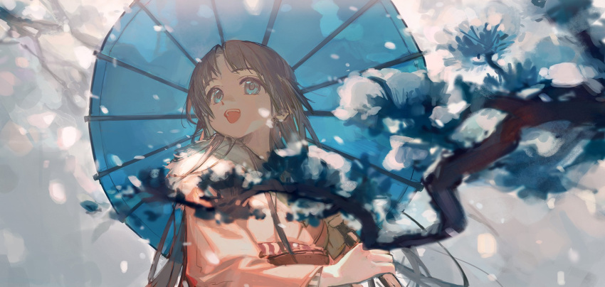 1girl bangs blue_eyes blue_umbrella blurry blurry_foreground branch brown_hair ciloranko commentary_request dappled_sunlight from_below grey_background highres holding holding_umbrella japanese_clothes kimono layered_sleeves long_hair long_sleeves looking_away obi obijime open_mouth orange_kimono original petals sash smile solo sunlight teeth umbrella upper_body wide_sleeves