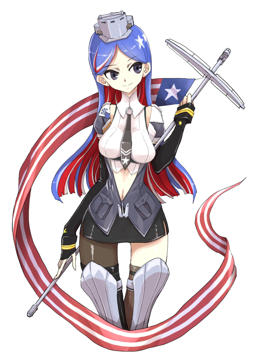 1girl american_flag asymmetrical_legwear bangs black_legwear black_neckwear black_shorts blue_eyes blue_hair boushi-ya breasts eyebrows_visible_through_hair flag headgear highres kantai_collection large_breasts long_hair long_sleeves multicolored_hair navel necktie redhead shorts simple_background single_leg_pantyhose single_thighhigh smile solo south_dakota_(kantai_collection) star_(symbol) thigh-highs vest white_background white_hair