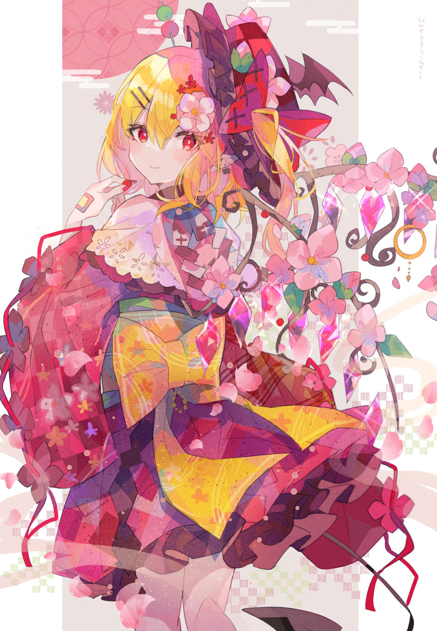 1girl absurdres alternate_costume bangs blonde_hair cherry_blossoms crystal flandre_scarlet floral_print flower flower_(symbol) hair_ornament hat hat_ribbon highres japanese_clothes kimono looking_at_viewer obi petals print_kimono red_eyes red_kimono ribbon sash short_kimono short_yukata side_ponytail simple_background smile solo touhou umemaro_(siona0908) wide_sleeves wings yukata