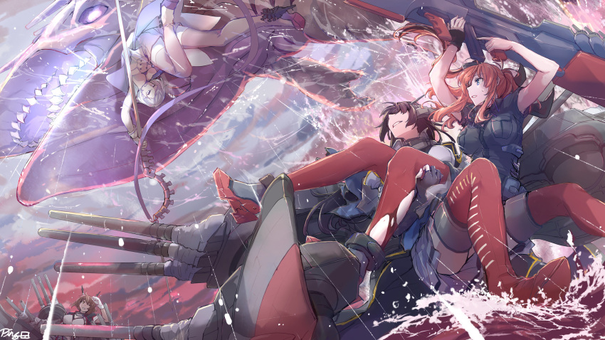 4girls black_hair blue_eyes breasts brown_hair carrying character_request commentary_request elbow_gloves fighting floating gloves high_heels highres holding holding_person holding_weapon kantai_collection large_breasts long_hair looking_at_another multiple_girls mutsu_(kantai_collection) nagato_(kantai_collection) pin.s princess_carry saratoga_(kantai_collection) short_hair short_sleeves skirt thigh-highs turret water weapon white_skin zettai_ryouiki