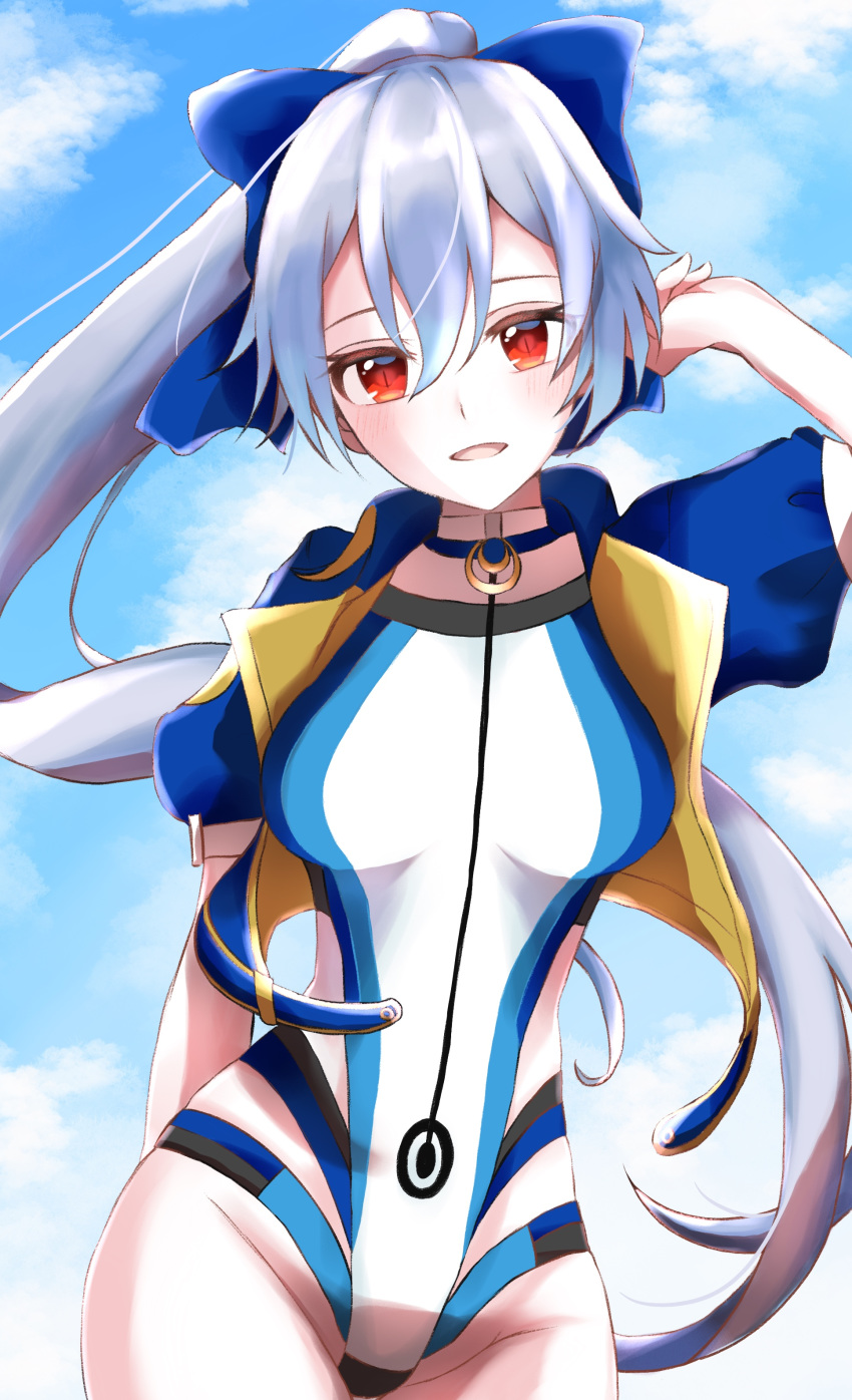 1girl absurdres bangs blue_bow blue_jacket blue_sky blue_swimsuit blush bow breasts fate/grand_order fate_(series) hair_between_eyes hair_bow highleg highleg_swimsuit highres jacket kusunoki_r large_breasts long_hair looking_at_viewer one-piece_swimsuit open_mouth ponytail red_eyes short_sleeves silver_hair sky smile swimsuit thighs tomoe_gozen_(fate/grand_order) tomoe_gozen_(swimsuit_saber)_(fate) two-tone_swimsuit white_swimsuit