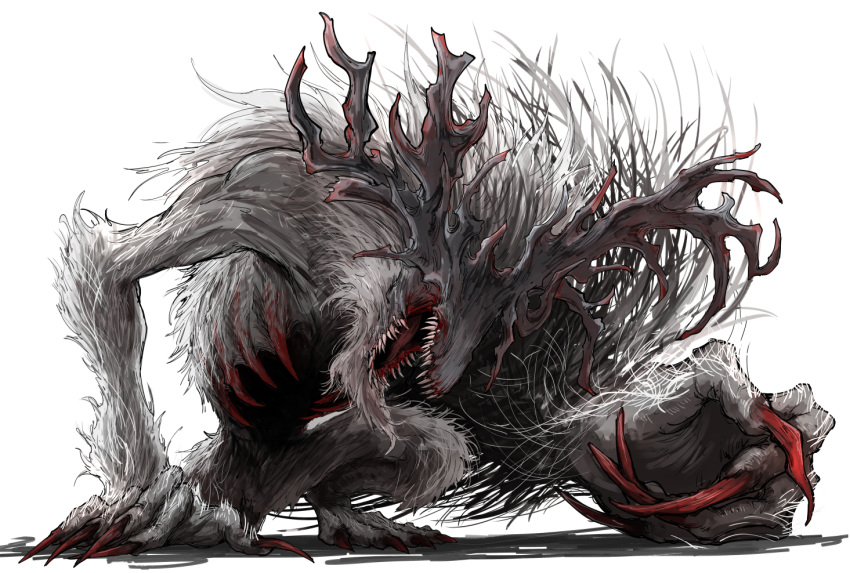 1other antlers bloodborne cleric_beast commentary_request grey_fur kan_(aaaaari35) monster no_eyes open_mouth ribs sharp_teeth simple_background solo teeth white_background