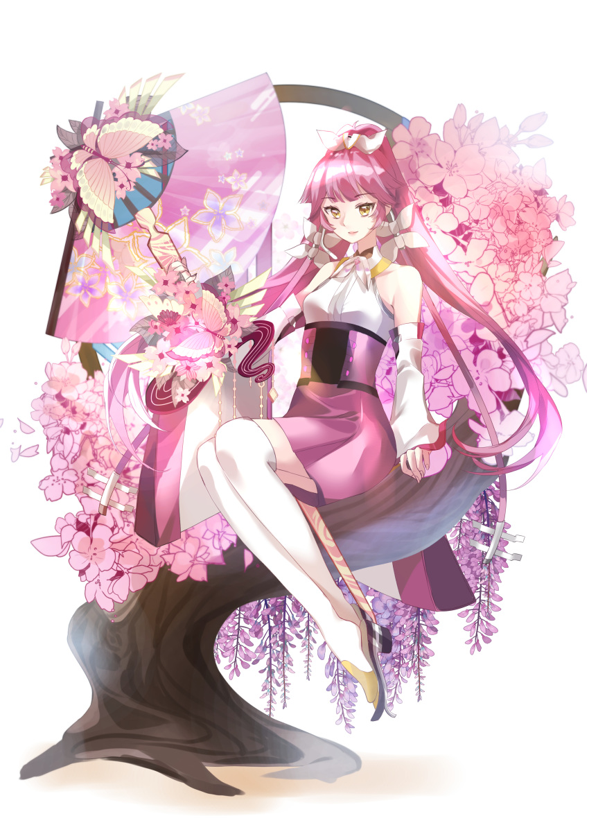 1girl absurdres anniversary bow cherry_blossoms closed_mouth detached_sleeves fan folding_fan hair_bow hair_ornament hairpin halterneck headset highres kobushi_kiku lipstick long_hair makeup pink_hair pink_lipstick pink_skirt seria_(se_ria) sitting skirt smile solo thigh-highs tree very_long_hair vocaloid vy1 white_legwear white_sleeves wide_sleeves yellow_eyes