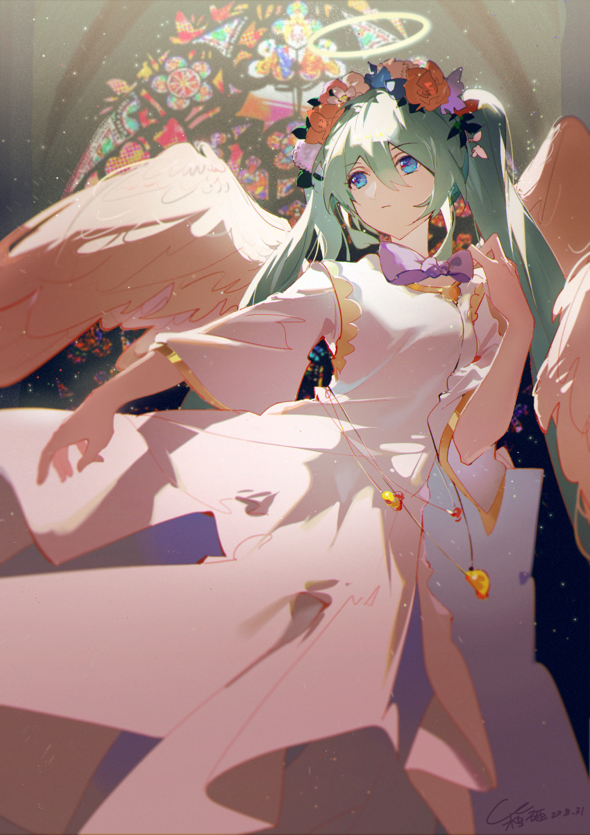 1girl angel angel_wings bangs blue_eyes blurry blurry_background bow breasts brown_flower closed_mouth commentary_request dated depth_of_field dress eyebrows_visible_through_hair feathered_wings flower green_hair hair_between_eyes hair_flower hair_ornament halo hand_up hatsune_miku highres long_hair long_sleeves looking_away looking_to_the_side misheyes purple_bow purple_flower signature small_breasts solo stained_glass twintails very_long_hair vocaloid white_dress white_wings wide_sleeves wings