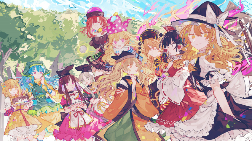 6+girls :d :o ^_^ absurdres apron armor arms_behind_back bangs black_hair blonde_hair blue_hair blush bow braid brown_hair cake closed_eyes closed_mouth clouds clownpiece commentary_request crossed_arms day detached_sleeves double_bun dress finger_to_cheek food forest frilled_dress frilled_skirt frills green_eyes grey_hair hair_bow hair_ribbon hair_tubes hakurei_reimu haniyasushin_keiki hat hecatia_lapislazuli highres holding holding_cake holding_food huge_filesize japanese_armor japanese_clothes jester_cap joutouguu_mayumi junko_(touhou) kirisame_marisa kote kyuutame long_hair long_sleeves looking_at_another looking_to_the_side matara_okina miko multicolored multicolored_clothes multicolored_skirt multiple_girls nature nishida_satono open_mouth outdoors pink_eyes pom_pom_(clothes) puffy_short_sleeves puffy_sleeves redhead ribbon shirt short_hair short_sleeves sidelocks skirt sky smile t-shirt tabard teireida_mai touhou tree wide_sleeves witch witch_hat yellow_eyes