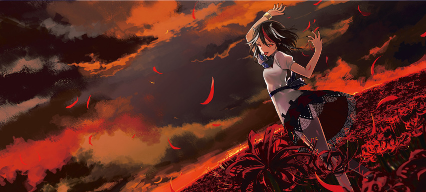 1girl :p black_hair black_nails bow bracelet cheat-nu clouds double_dealing_character dress field flower horns jewelry kijin_seija multicolored_hair petals puffy_short_sleeves puffy_sleeves red_eyes short_hair short_sleeves skirt sky spider_lily streaked_hair tagme tongue tongue_out touhou