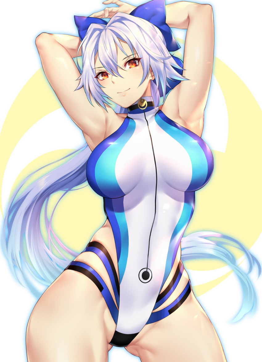 1girl armpits arms_behind_head arms_up bangs blue_bow blue_swimsuit blush bow breasts fate/grand_order fate_(series) hair_between_eyes hair_bow highleg highleg_swimsuit highres large_breasts long_hair looking_at_viewer nasaniliu one-piece_swimsuit ponytail red_eyes silver_hair smile swimsuit thighs tomoe_gozen_(fate/grand_order) tomoe_gozen_(swimsuit_saber)_(fate) two-tone_swimsuit white_swimsuit