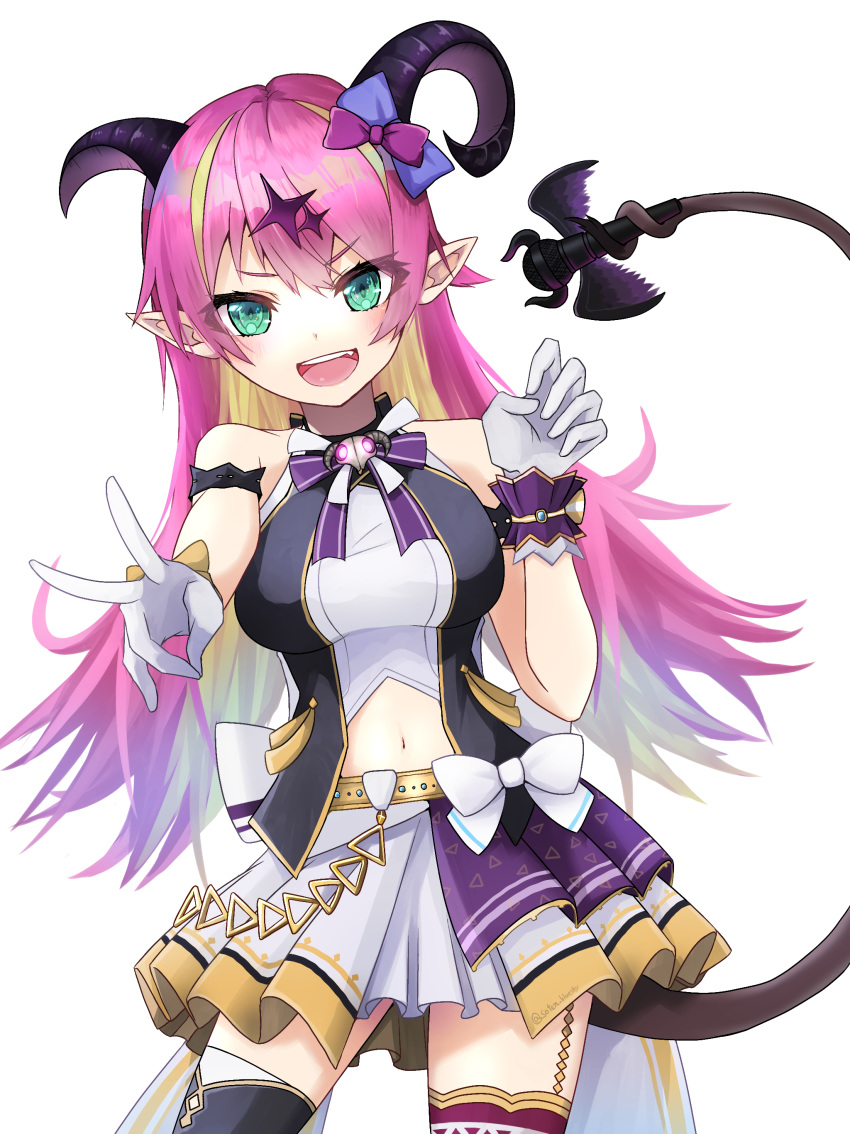 1girl absurdres arm_strap asymmetrical_horns bangs bare_shoulders bow breasts demon_girl demon_horns demon_tail eyes_visible_through_hair garter_straps gloves hair_ornament highres hololive horn_bow horns long_hair looking_at_viewer mano_aloe microphone midriff navel open_mouth pointy_ears shirt simple_background skirt sleeveless sleeveless_shirt solo soten_bluesky succubus tail tail_hold thigh-highs virtual_youtuber white_background white_gloves wrist_cuffs