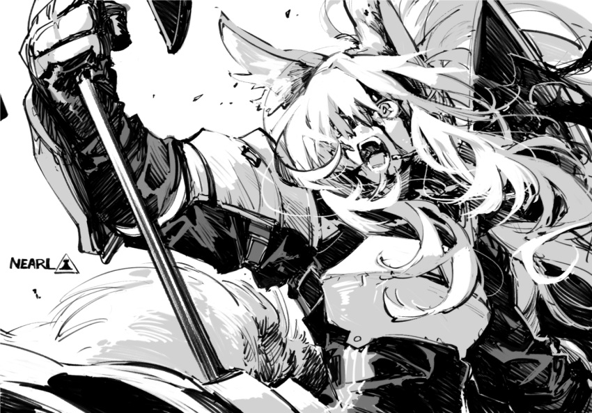 1girl animal_ears arknights axe blood blood_on_face breastplate character_name headset long_hair monochrome nearl_(arknights) sasami_(ki) screaming tail