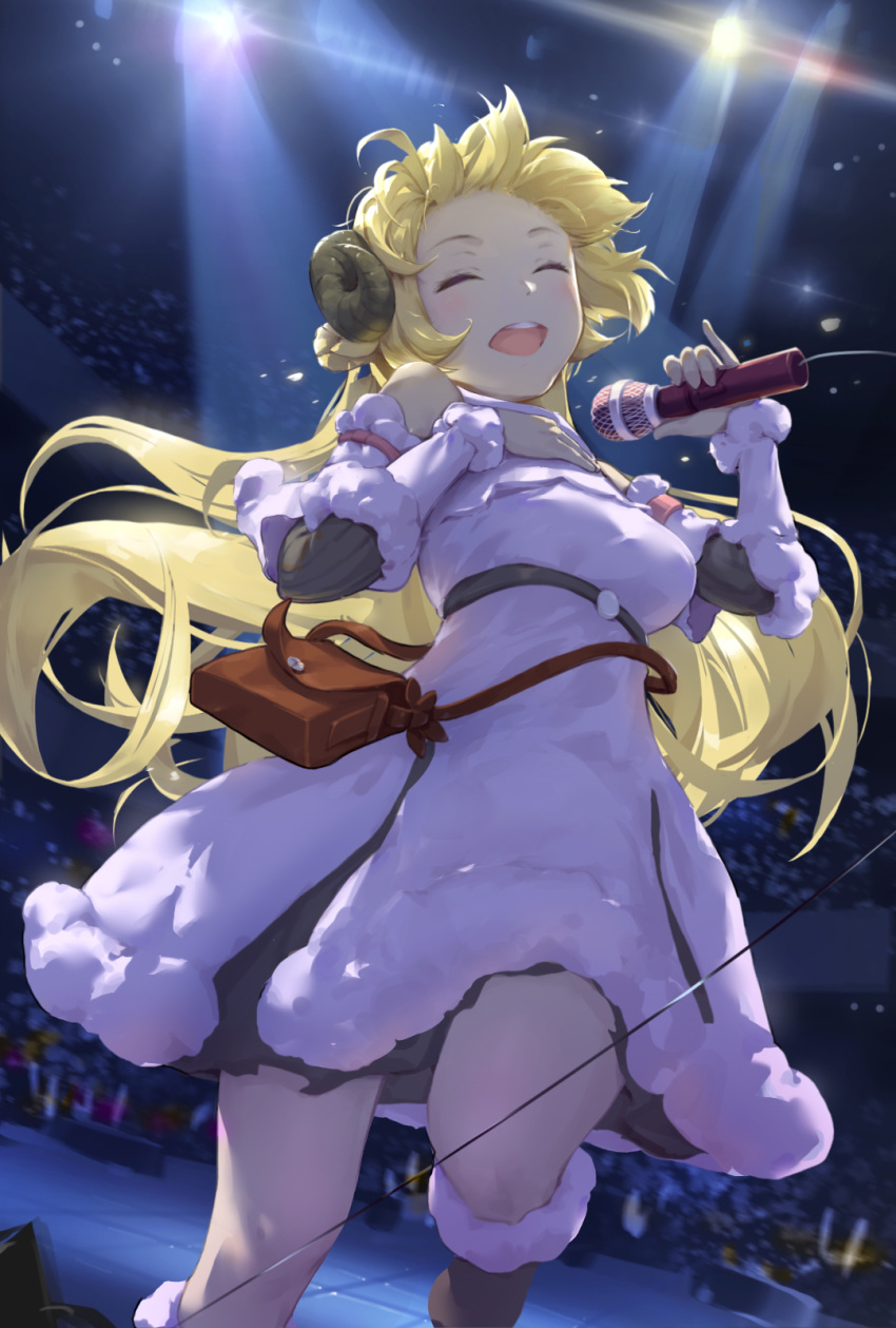 1girl bag bangs bare_shoulders blonde_hair blush boots breasts closed_eyes concert curled_horns detached_sleeves dress fur-trimmed_dress fur_trim hand_on_own_chest highres holding hololive horns long_hair microphone microphone_cord music open_mouth sheep_girl sheep_horns singing smile solo stage_lights standing standing_on_one_leg tsunomaki_watame virtual_youtuber white_dress yuho_(goodtest)