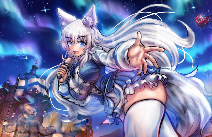 1girl :d animal_ears aurora bear blue_eyes building castle dgrp_(minhduc12333) eyebrows_visible_through_hair fang finnish_flag flag hair_between_eyes highres holding holding_flag holding_microphone indie_virtual_youtuber long_hair long_sleeves looking_at_viewer lumi_(merryweather) microphone music night night_sky open_mouth outstretched_hand santa_claus singing skirt sky smile star_(sky) star_(symbol) starry_sky thigh-highs virtual_youtuber white_hair wolf_ears wolf_girl