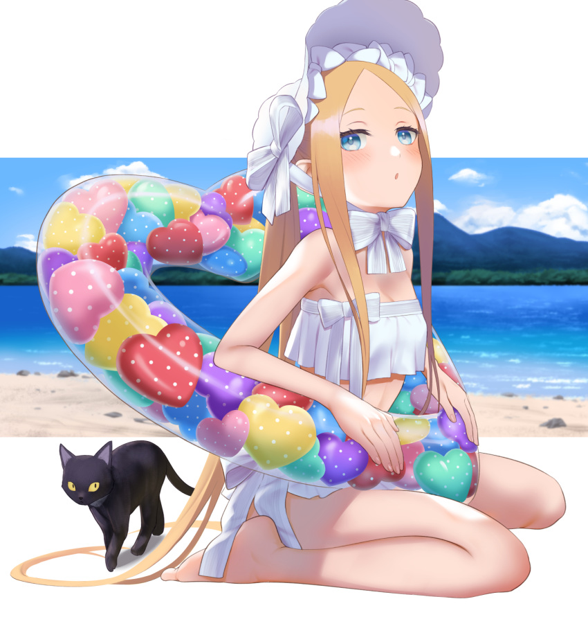 1girl abigail_williams_(fate/grand_order) abigail_williams_(swimsuit_foreigner)_(fate) bangs bare_shoulders beach bikini black_cat blonde_hair blue_eyes blue_sky blush bonnet bow breasts cat fate/grand_order fate_(series) forehead highres illyasviel_von_einzbern_(swimsuit_archer)_(fate) innertube legs long_hair looking_at_viewer multiple_bows open_mouth parted_bangs shore sidelocks sitting sky small_breasts swimsuit tsuchifumazu twintails very_long_hair wariza white_bikini white_bow white_headwear