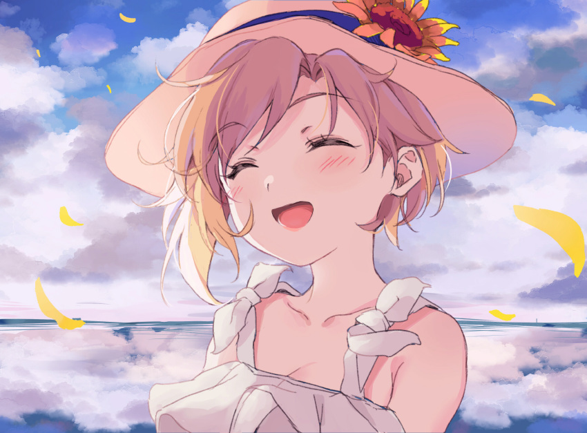 :d aiba_yumi bangs blonde_hair blush closed_eyes eyebrows eyebrows_visible_through_hair flower hat highres idolmaster idolmaster_cinderella_girls idolmaster_cinderella_girls_starlight_stage kirarin369 open_mouth short_hair sky smile