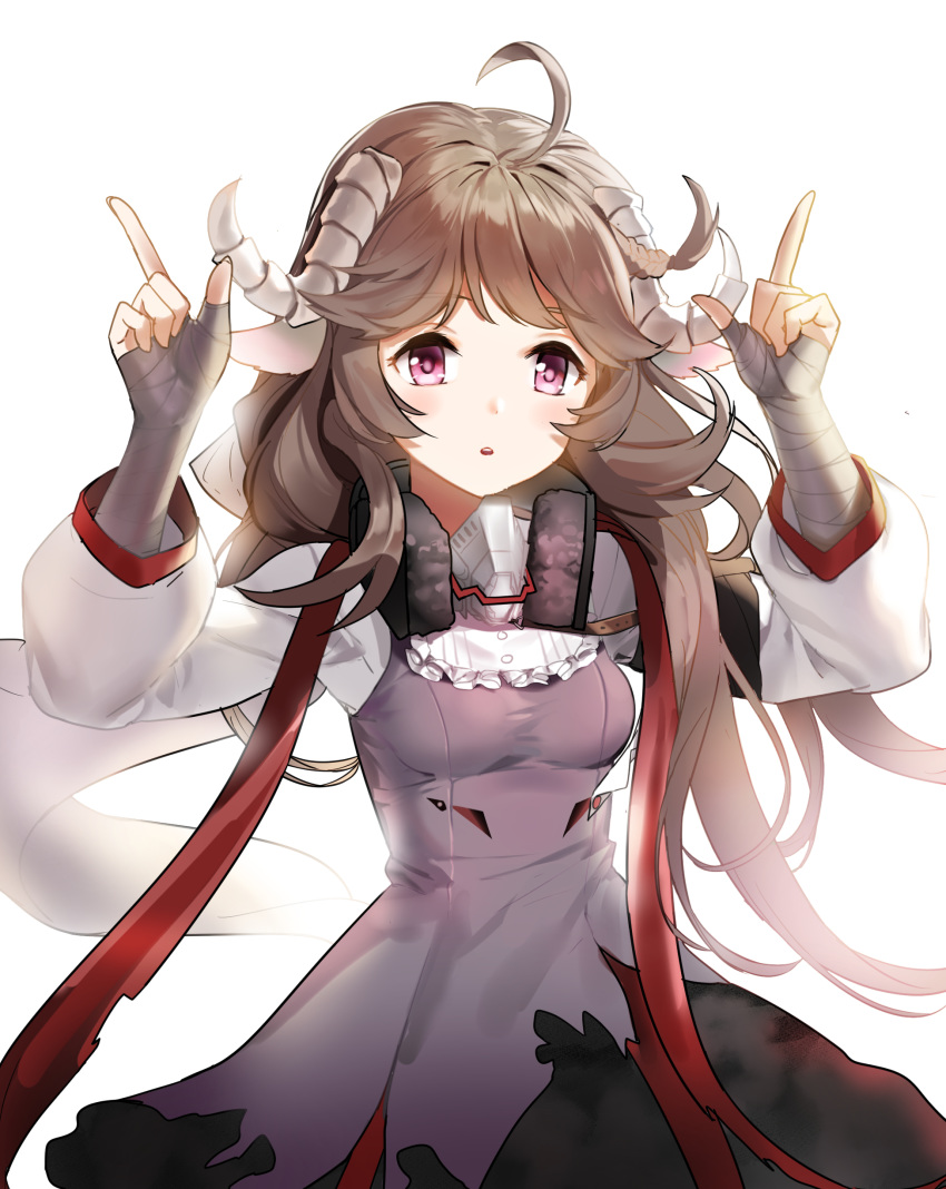 1girl absurdres ahoge animal_ears arknights bandaged_arm bandages breasts brown_hair earmuffs eyjafjalla_(arknights) gas_mask hands_up highres horns index_fingers_raised long_hair long_sleeves looking_at_viewer parted_lips pink_eyes sheep_ears sheep_horns shirt shovelwell simple_background small_breasts solo undershirt upper_body white_background white_shirt