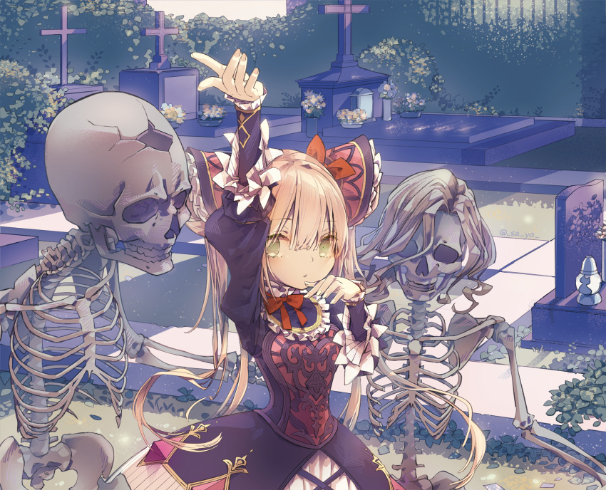 1girl :o arm_up bangs black_dress blonde_hair bow brown_hair commentary_request day dress eyebrows_visible_through_hair grave graveyard green_eyes hair_between_eyes hair_ribbon highres juliet_sleeves long_hair long_sleeves looking_at_viewer luna_(shadowverse) outdoors parted_lips puffy_sleeves red_bow red_ribbon ribbon saya_(sayaya) shadowverse skeleton solo tombstone twintails very_long_hair white_nails