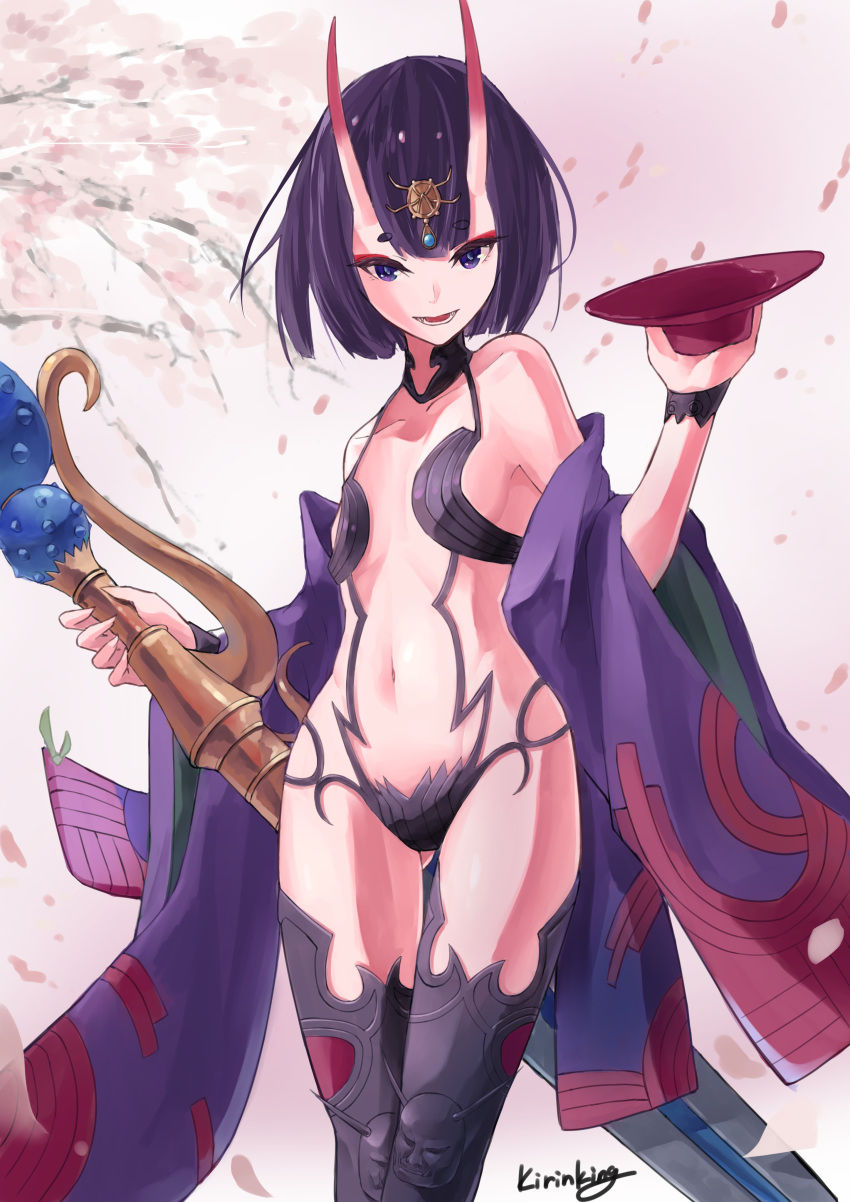 1girl absurdres bangs bare_shoulders bob_cut breasts collarbone cup eyeliner fate/grand_order fate_(series) headpiece highres horns japanese_clothes kimono kirin_king long_sleeves looking_at_viewer makeup navel off_shoulder oni oni_horns open_clothes open_kimono open_mouth purple_hair purple_kimono revealing_clothes sakazuki short_hair shuten_douji_(fate/grand_order) skin-covered_horns small_breasts smile sword thighs violet_eyes weapon wide_sleeves