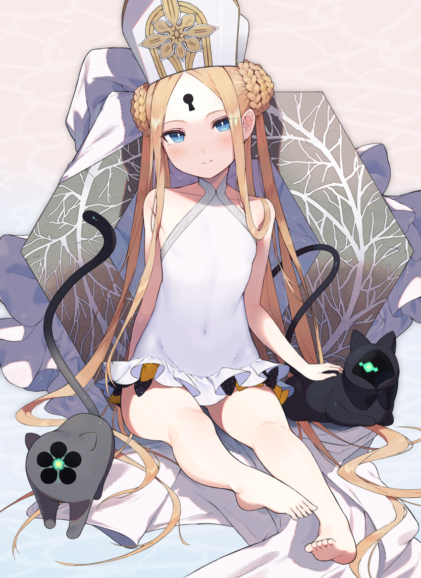 1girl abigail_williams_(fate/grand_order) abigail_williams_(swimsuit_foreigner)_(fate) absurdres bangs bare_shoulders barefoot black_bow black_cat blonde_hair blue_eyes blush bow braid braided_bun breasts cat closed_mouth double_bun dress_swimsuit fate/grand_order fate_(series) forehead highres huge_filesize keyhole legs long_hair looking_at_viewer mitre multiple_bows orange_bow parted_bangs shibainu sidelocks sitting small_breasts smile swimsuit twintails very_long_hair white_headwear white_swimsuit