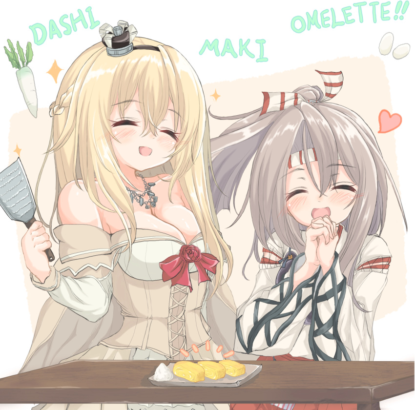 2girls blonde_hair braid closed_eyes commentary_request corset cowboy_shot crown daikon dress egg english_text flower french_braid grey_hair hachimaki hands_clasped headband high_ponytail highres japanese_clothes kantai_collection kasashi_(kasasi008) long_hair long_sleeves mini_crown multiple_girls muneate off-shoulder_dress off_shoulder omelet own_hands_together plate ponytail radish red_flower red_ribbon red_rose ribbon rose simple_background smile spatula tamagoyaki upper_body warspite_(kantai_collection) white_background white_dress zuihou_(kantai_collection)