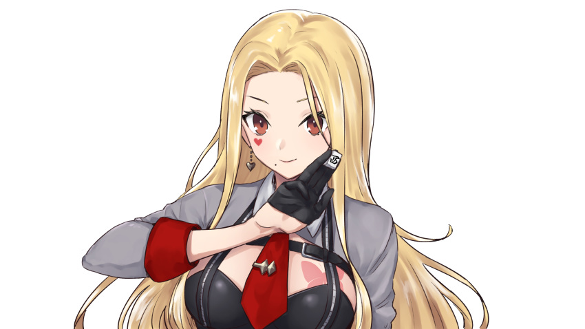 absurdres black_gloves blonde_hair breasts brown_eyes closed_mouth earrings facial_mark forehead g9_(jiiku) gloves half_gloves heart heart_earrings heart_facial_mark highres holding jewelry large_breasts long_hair looking_at_viewer luis_cammy mahjong mahjong_tile mole mole_under_mouth necktie nijisanji red_neckwear shrug_(clothing) simple_background smile upper_body very_long_hair virtual_youtuber white_background