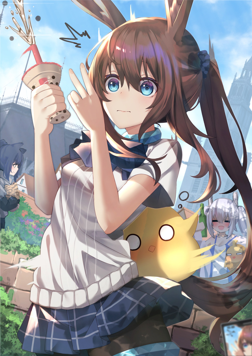 3girls :d =_= amiya_(arknights) animal_ears arknights ashisi azur_lane bangs black_legwear blue_eyes blue_skirt blue_sky brown_hair bubble_tea closed_eyes clouds commentary_request cowboy_shot cup day drinking_straw hands_up highres holding holding_cup jessica_(arknights) jewelry laffey_(azur_lane) long_hair long_ponytail manjuu_(azur_lane) miniskirt multiple_girls neck_ring o_o open_mouth outdoors pantyhose pleated_skirt ponytail rabbit_ears shirt short_sleeves silver_hair skirt sky smile standing thighlet twintails v white_shirt