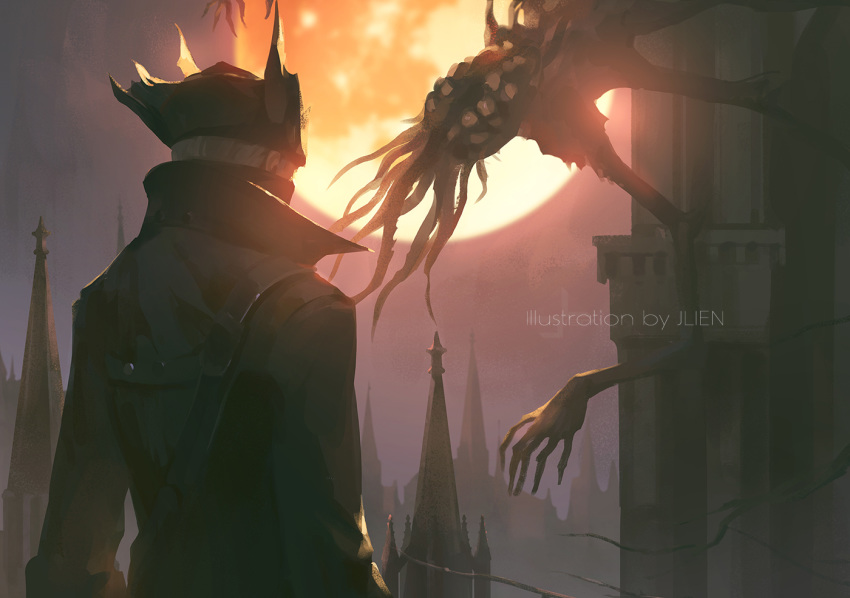 1other ambiguous_gender amygdala artist_name bloodborne brown_cloak building cloak clouds commentary extra_arms from_behind hat hunter_(bloodborne) jlien- long_arms monster moon outdoors red_moon short_hair sky tentacles tricorne