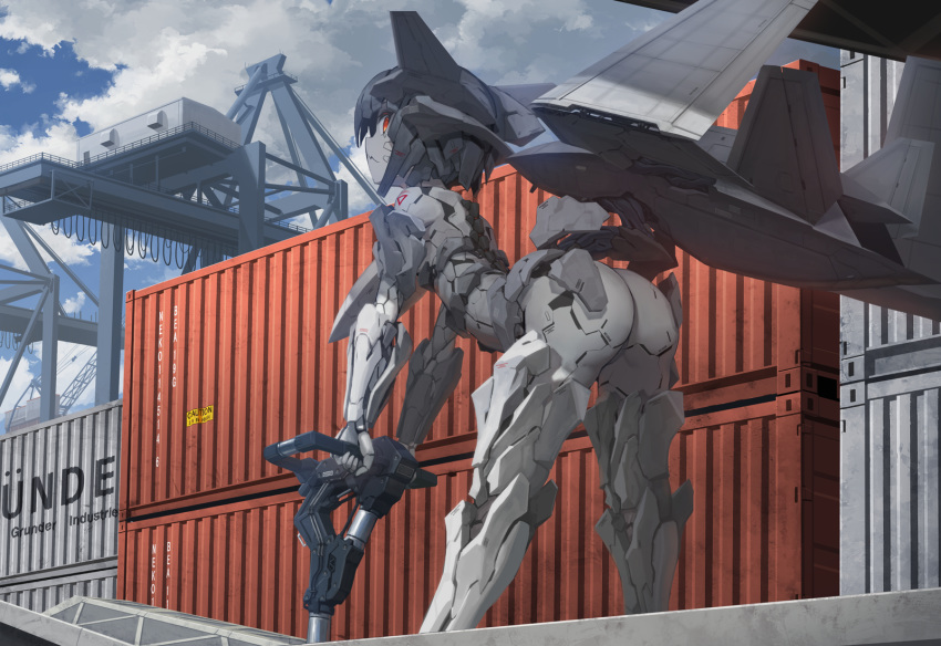 1girl ace_combat_7 android ass bangs bent_over blue_sky clouds cloudy_sky commentary_request container day feet_out_of_frame from_behind highres looking_at_viewer mecha_musume mq-99 outdoors personification red_eyes short_hair sky solo tom-neko_(zamudo_akiyuki) weapon